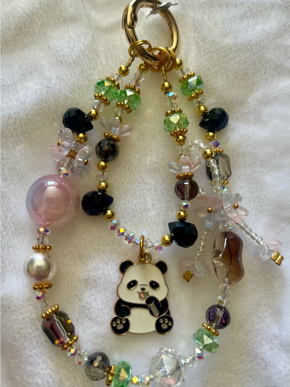 Cute Panda Charm Beaded Bracelet Keychain - Pink, Green, Black & Gold